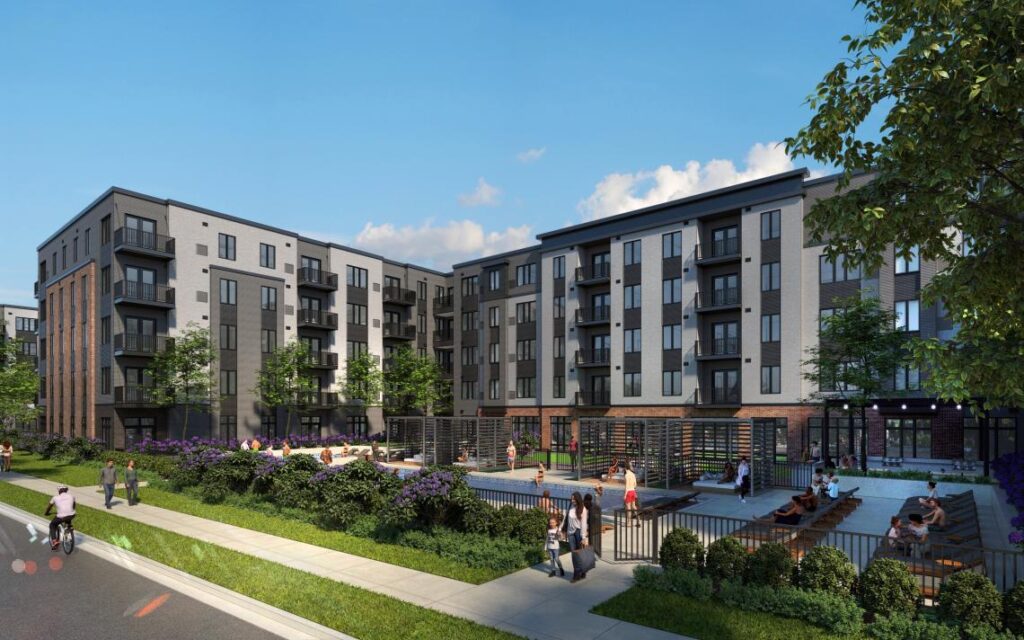 Rendering of the mixed-use development on 1200 Diehl Road. Image courtesy of Urbanize Chicago.