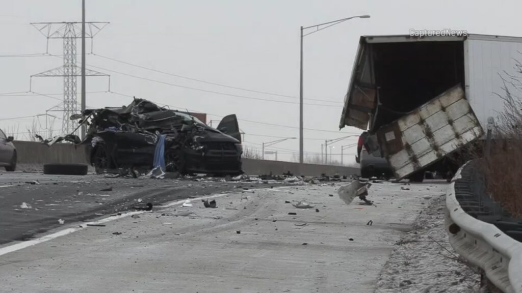 Image of a deadly accident involving a large truck on I-55. Image courtesy of ABC7 Chicago.
